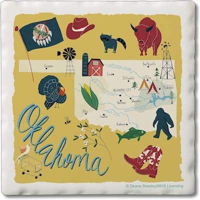 Oklahoma 4-Pack Absorbent Stone Coasters with Protective Cork Backing 4" Square Made in The USA Artistic Easily Wipes Clean