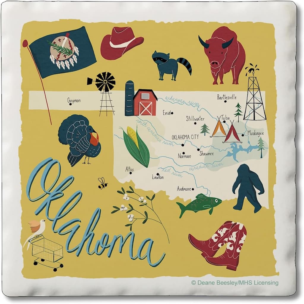Oklahoma 4-Pack Absorbent Stone Coasters with Protective Cork Backing 4" Square Made in The USA Artistic Easily Wipes Clean