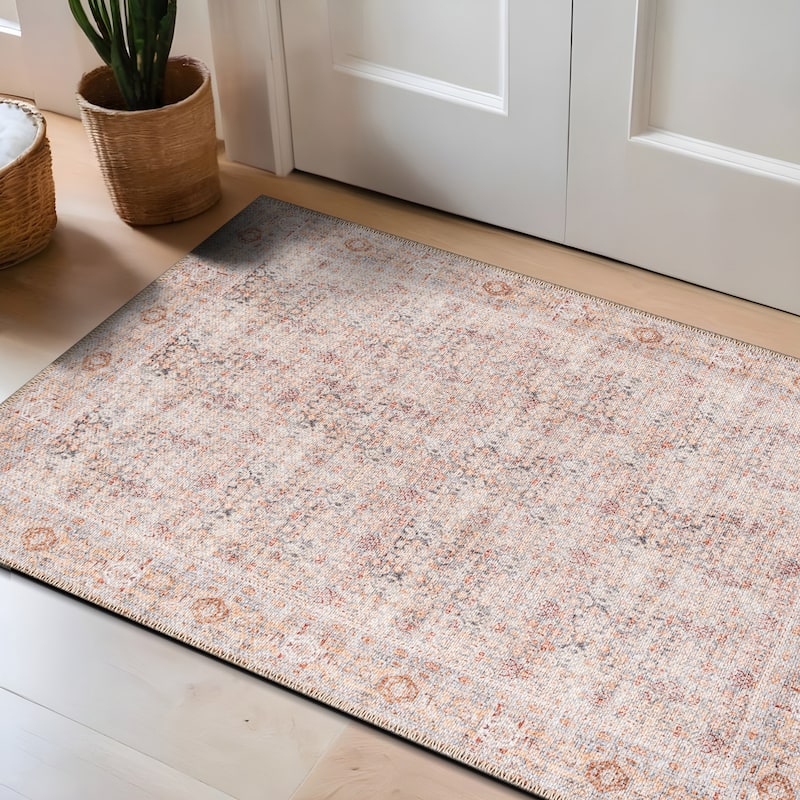 Terracotta Floral Washable Rug - Allover Pattern, Flat Pile - 2' x 3'