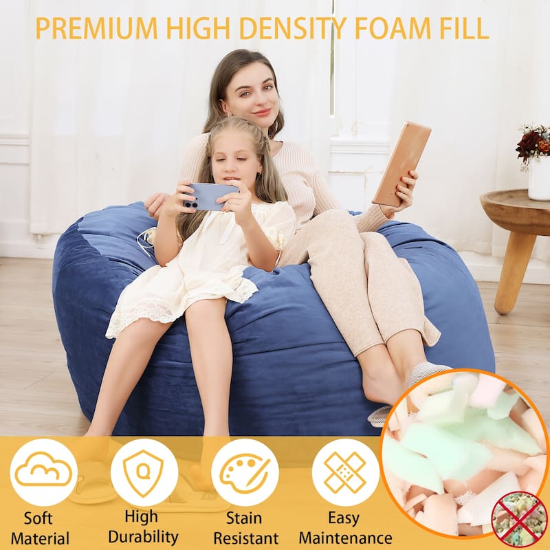 Bean Bag Chair 4FT Foam Filled, Removable Velvet Cover, Giant Bean Bag Chairs, Round Sofa Chair for Bedroom Gaming Room