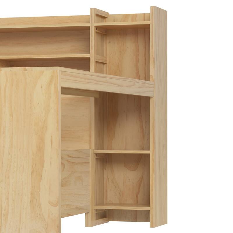 Wooden Daybed with Storage Shelves, Multi-functional Bed with Twin Size Trundle Bed and Study Desk