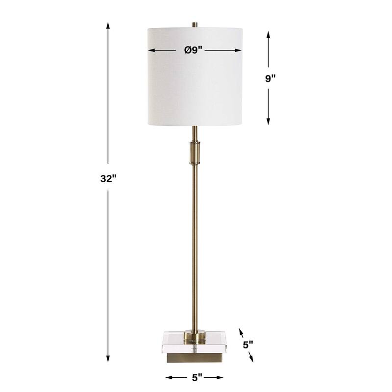 Table Lamp, Crystal Base, White Linen Shade, 32 Inch Antique Brass