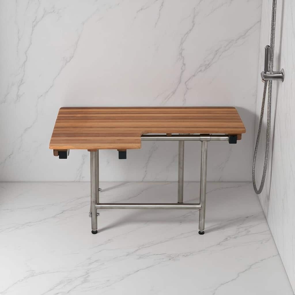 30" Brown Wall Mount Teak Rectangular Shower Bench With Legs