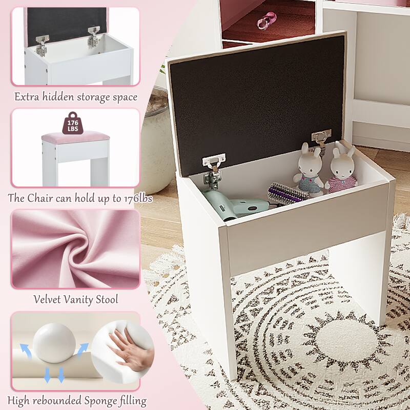 11-Bulb Makeup Vanity with Glass Top, Pink Drawers & Adjustable Lights
