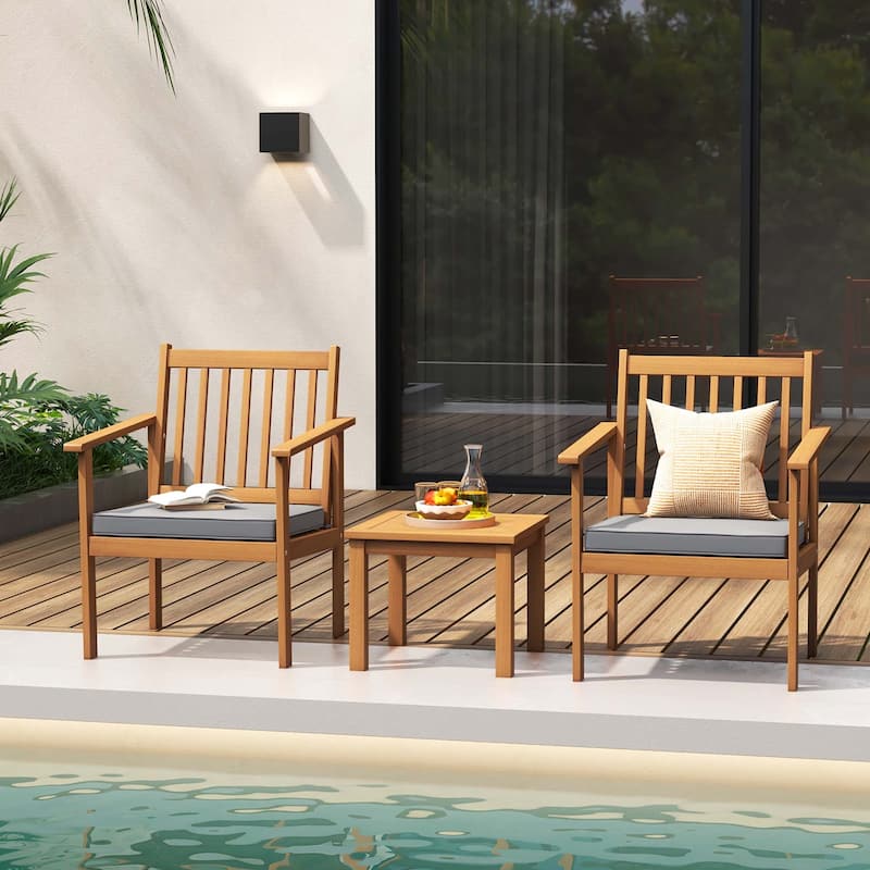 Costway 3 PCS Patio Wood Furniture Set Acacia Wood Chairs & Coffee - See Details - Grey