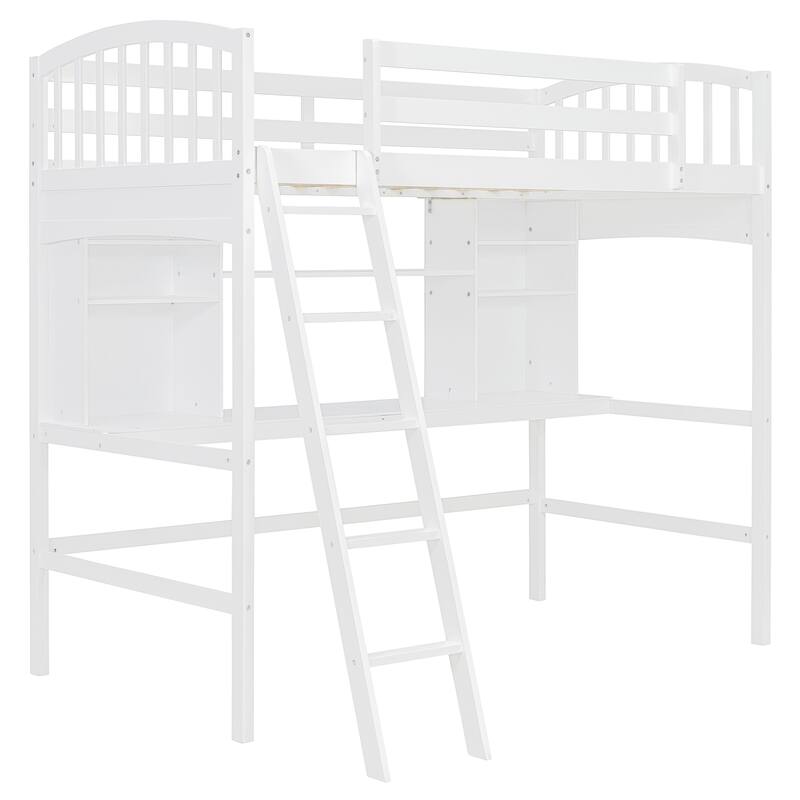 Roomfitters Twin Size Loft Bed with Desk, Storage Shelves and Ladder, White