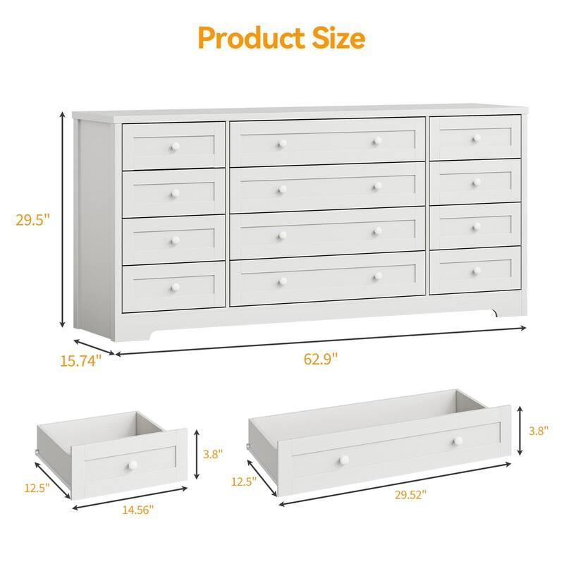 Dresser for Bedroom,Withe Long Wood Dresser with 12 Drawers,Storage Chest of Drawers with Plug-in Charging Hub