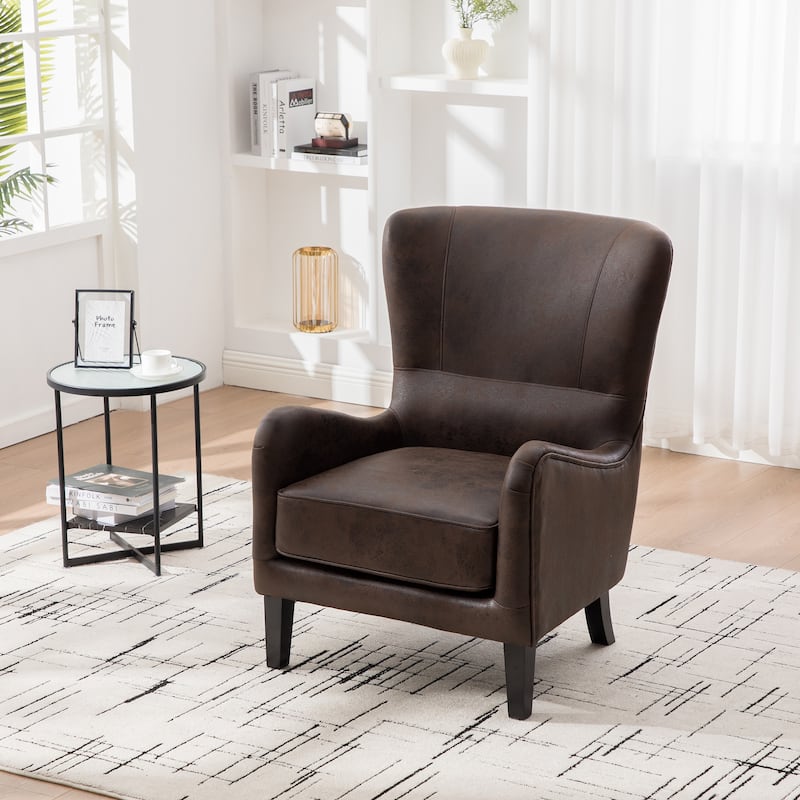 28''W High Back Accent Chair with Solid Wood Legs ,Retro Wingback Arm Chair - Brown