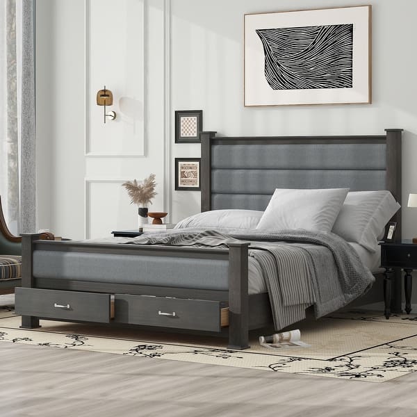 slide 2 of 12, Queen Platform Bed with Upholstered Headboard & 2 Drawers - Antique Grey Antique Grey - Queen