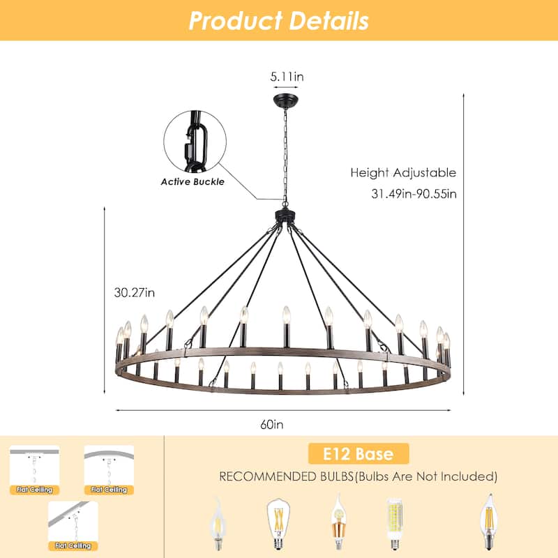 Vyolette 60 in. 30-Light Extra Large Farmhouse Round Wagon Wheel Chandelier, Classic Dining Room Living Room Chandelier