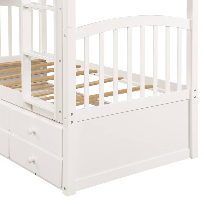 Twin Over Twin Bunk Bed with Trundle and Drawers, White, for Teens and Guest Rooms