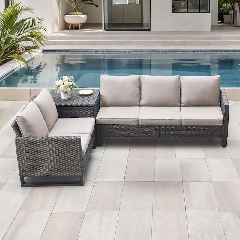 Gymojoy 5 Person All-Weather Wicker Outdoor Patio Sofa Set With Cushions - Brown Wicker / Beige Cusion - 3-Piece