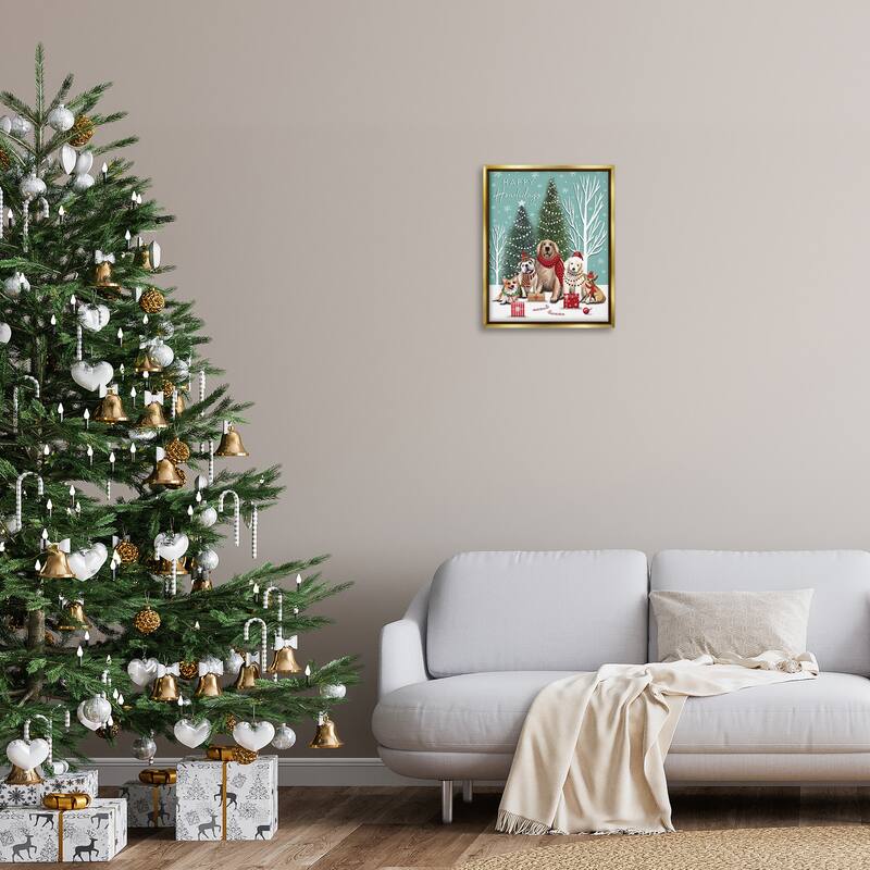 Stupell Festive Winter Dogs Scene Framed Floater Canvas Wall Art Design By Elizabeth Tyndall