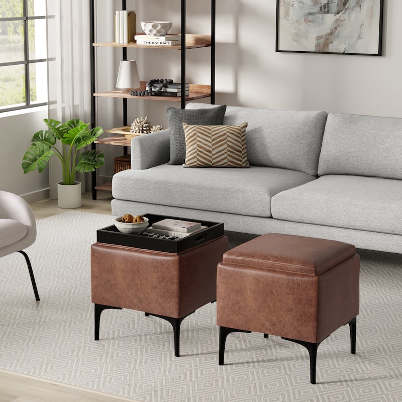 WYNDENHALL Evianna 18 inch Wide Contemporary Storage Ottoman with Tray - Distressed Saddle Brown