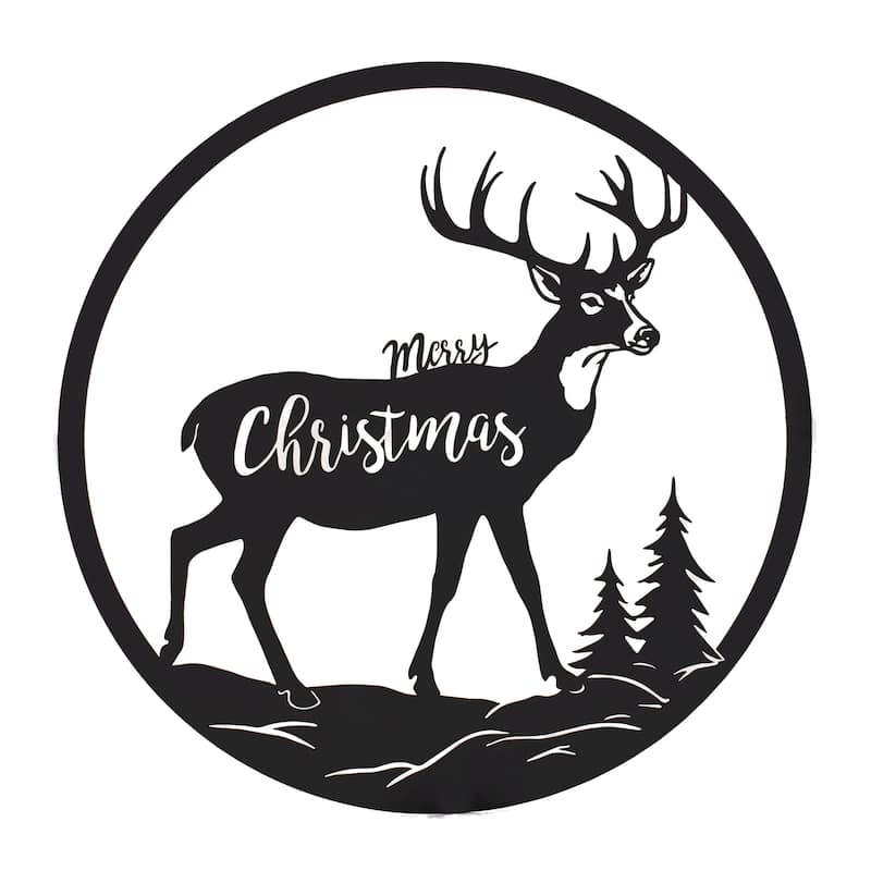 16” Round Black Iron Cut Metal Deer Plaque with Merry Christmas Sign Rustic Indoor Holiday Decor - 16”L x 0.5”W x 16”H