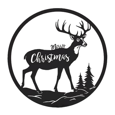 16” Round Black Iron Cut Metal Deer Plaque with Merry Christmas Sign Rustic Indoor Holiday Decor - 16”L x 0.5”W x 16”H