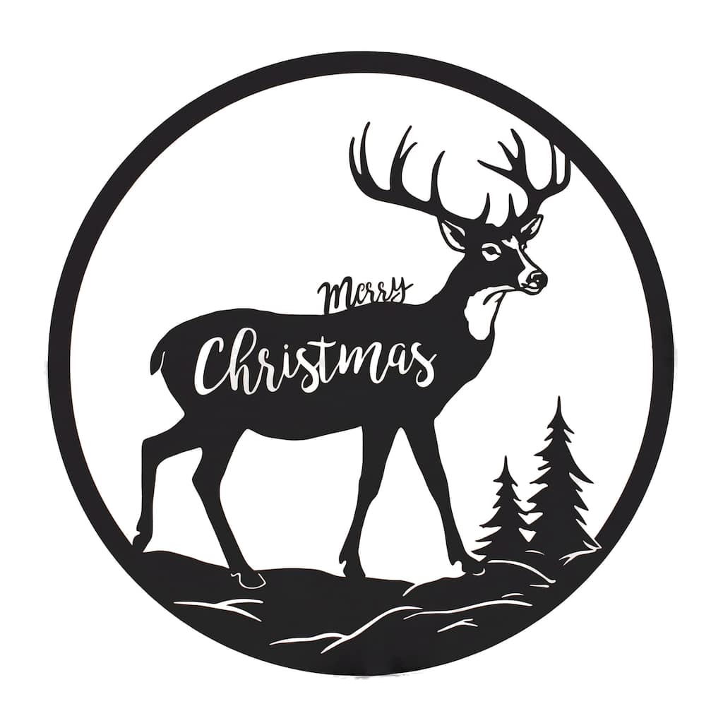 16” Round Black Iron Cut Metal Deer Plaque with Merry Christmas Sign Rustic Indoor Holiday Decor - 16”L x 0.5”W x 16”H