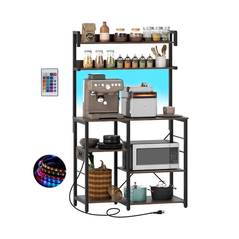 Kitchen Baker’s Rack with Charging Station, LED Light, Coffee Bar Station with Shelves - 35.5" x 16" x 58"