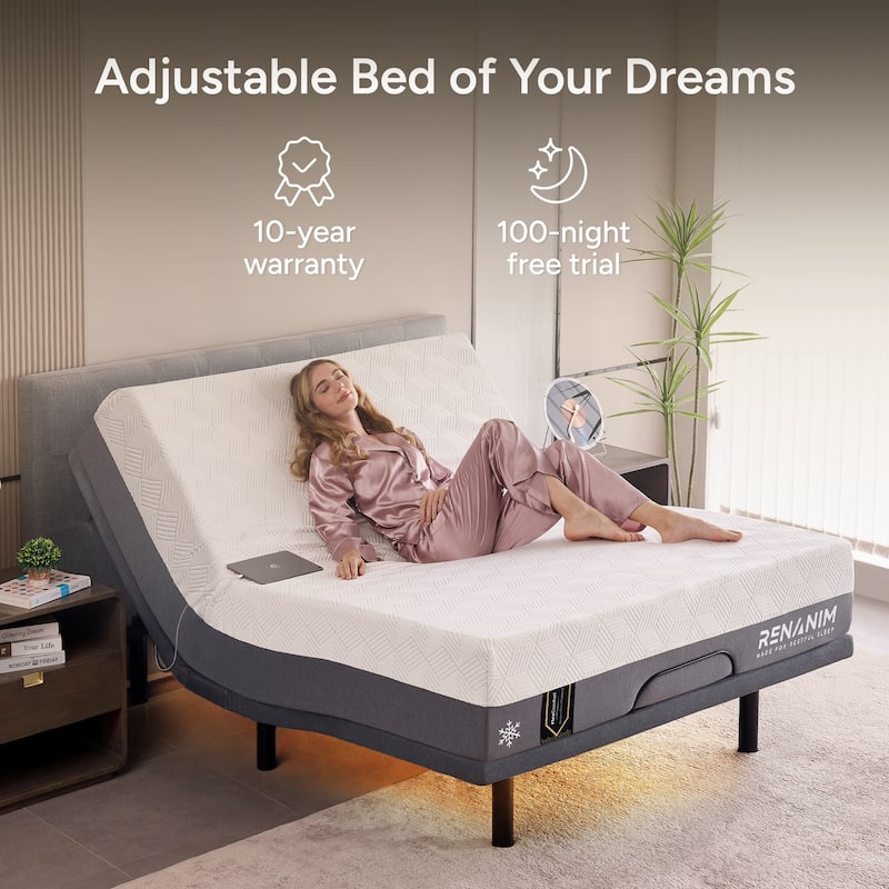 Renanim Adjustable Bed Frame with 14-inch Hybrid Mattress, Dual Massage, USB Ports, App Control, Underbed Light, Remote