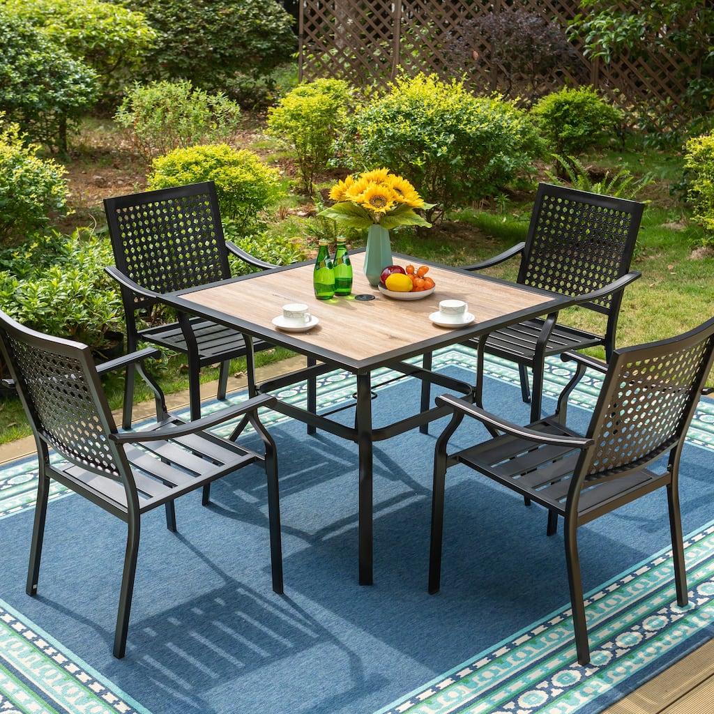 5-Piece Patio E-coating Dining Set of 4 Stackable Chairs & 1 Umbrella Hole Metal Table