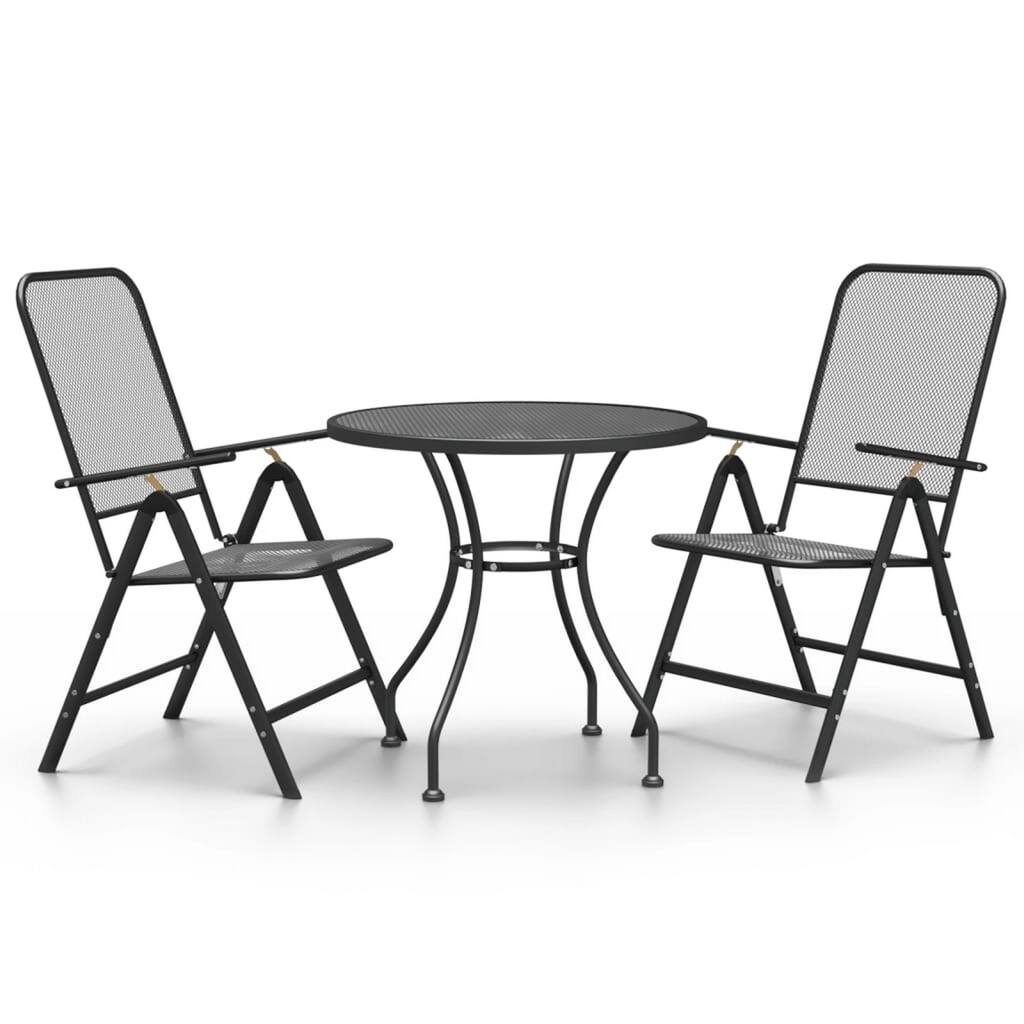 Ian 3 Piece Patio Breakfast Table, 2 Chairs Foldable Set, Black Metal