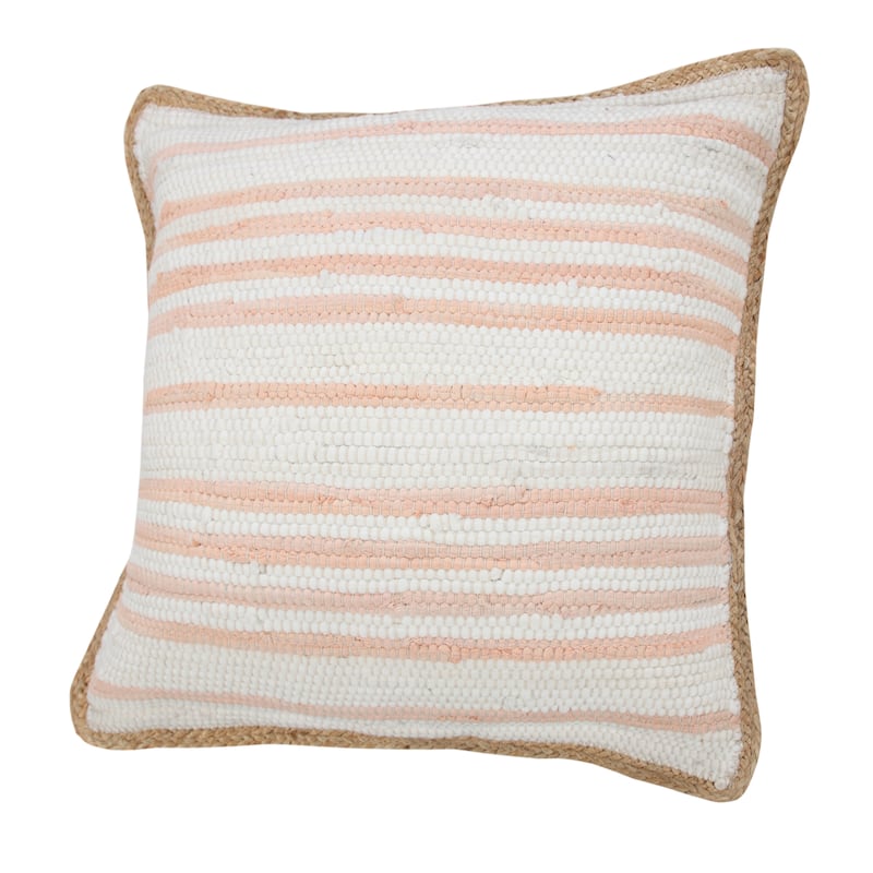 Sevita Coral Pink and White Striped Jute Bordered Throw Pillow