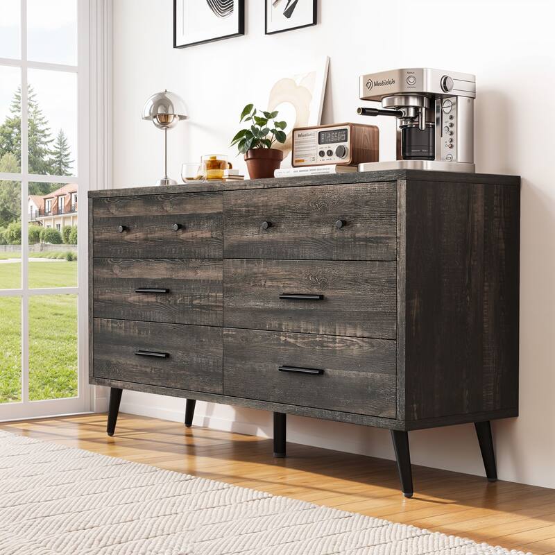 Moasis 47" W 6 Drawers Double Dresser for Bedroom, Chests of drawers - Dark Rustic Oak - 6-drawer