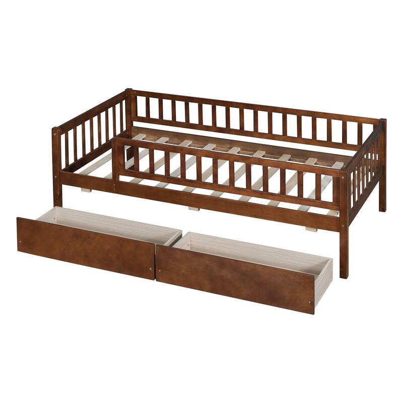 Twin Size Wooden Daybed with 2 Drawers, Multi-Functional Sofa Bed in Walnut Finish
