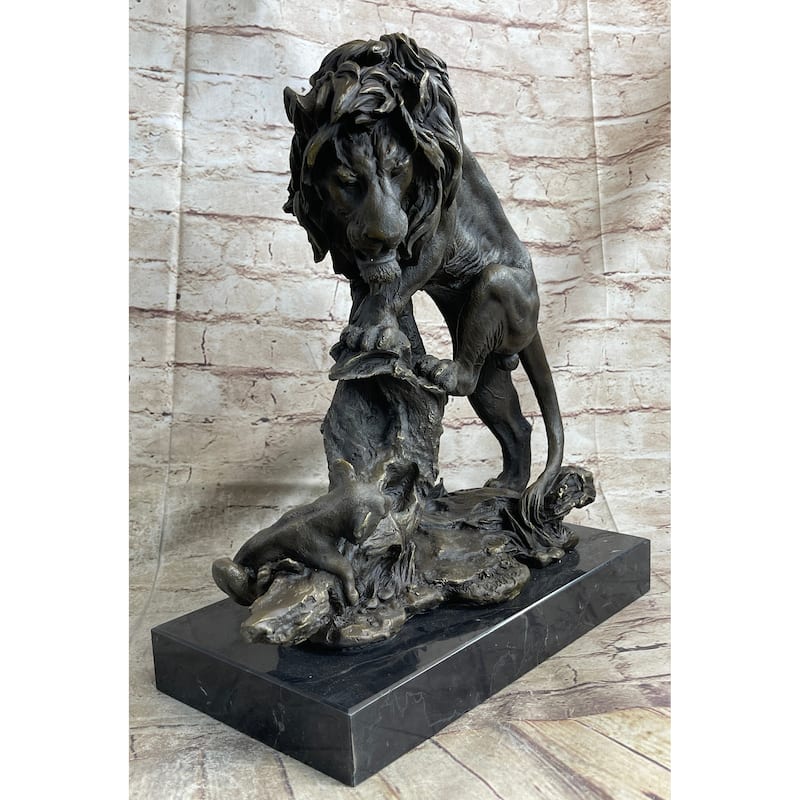 Male Imitative Lion W/ Cub Bronze Statue Sculpture Figure Barye Decor 14 Inches X 12 Inches