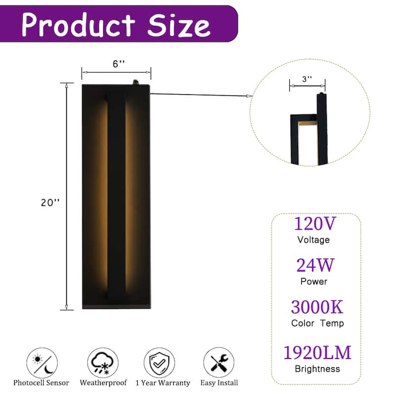 1-Light in Minimalist Modern Linear 23W Integrated LED Outdoor Wall Sconce with Dusk to Dawn Sensor in Matte Black for Porch