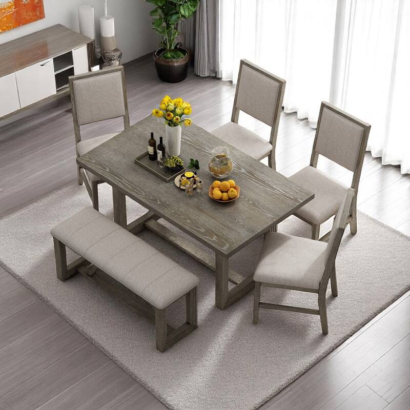 6-Piece Dining Table Set for 6, 60" Wooden Kitchen Table with 4 Chairs & Bench - Rubberwood Frame for Dining Room & Kitchen