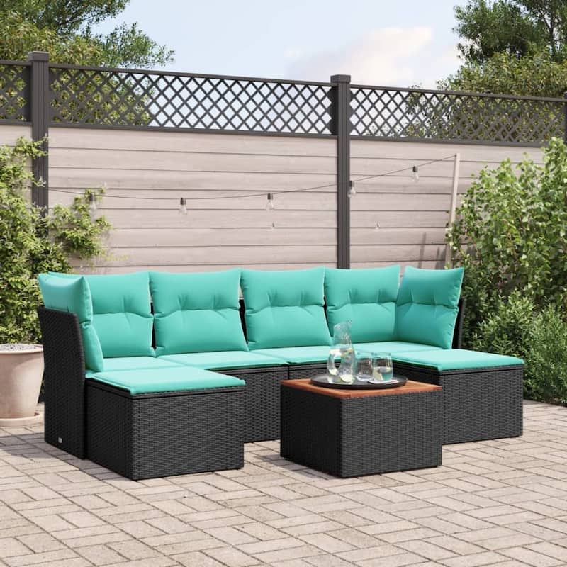 vidaXL Patio Sofa Set with Cushions Outdoor Furniture 7 Piece Poly Rattan - 24.4" x 24.4" x 27.2" - Black and blue
