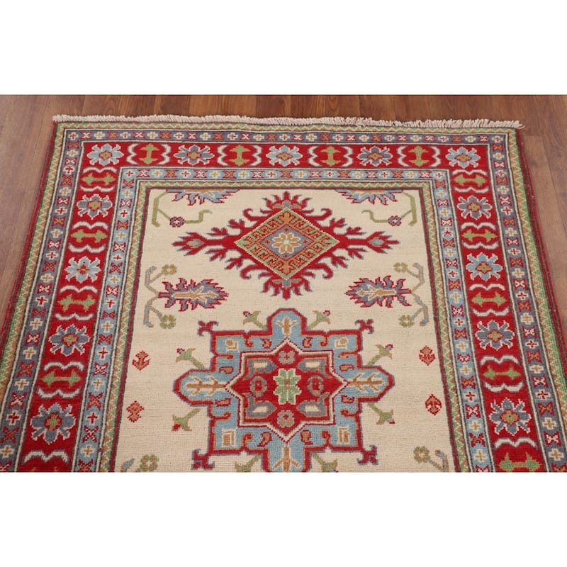 Kazak Foyer Rug Handmade Traditional Beige Wool Carpet - 3'7" x 4'8"