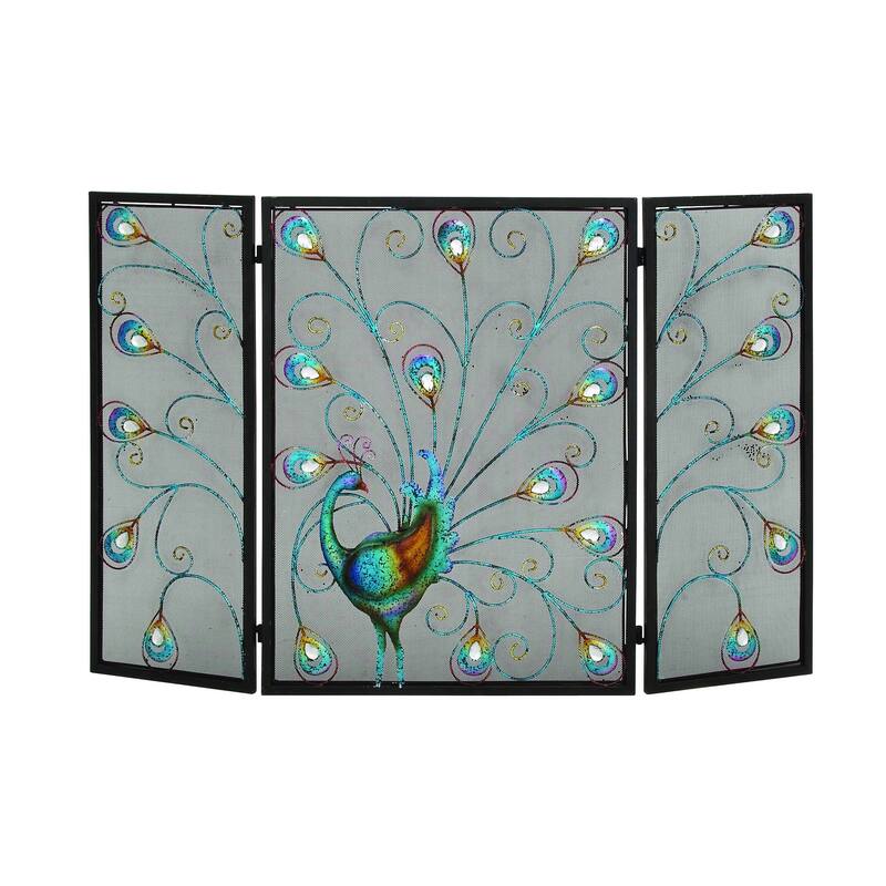 Blue Metal Rainbow 3 Panel Peacock Fireplace Screen with Crystal Accents and Black Frame