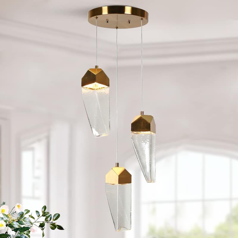Modern 3-Light LED Cluster Pendant Gold Irregular Crystal Glass Chandelier