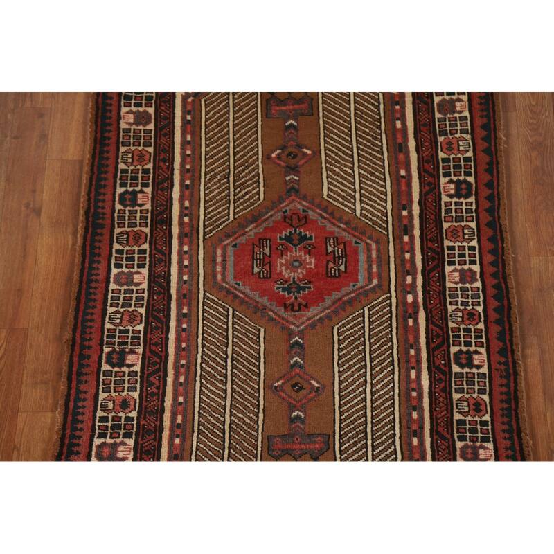 Brown Ardebil Persian Runner Rug Handmade Vintage Wool Carpet - 3'2"x 6'11"