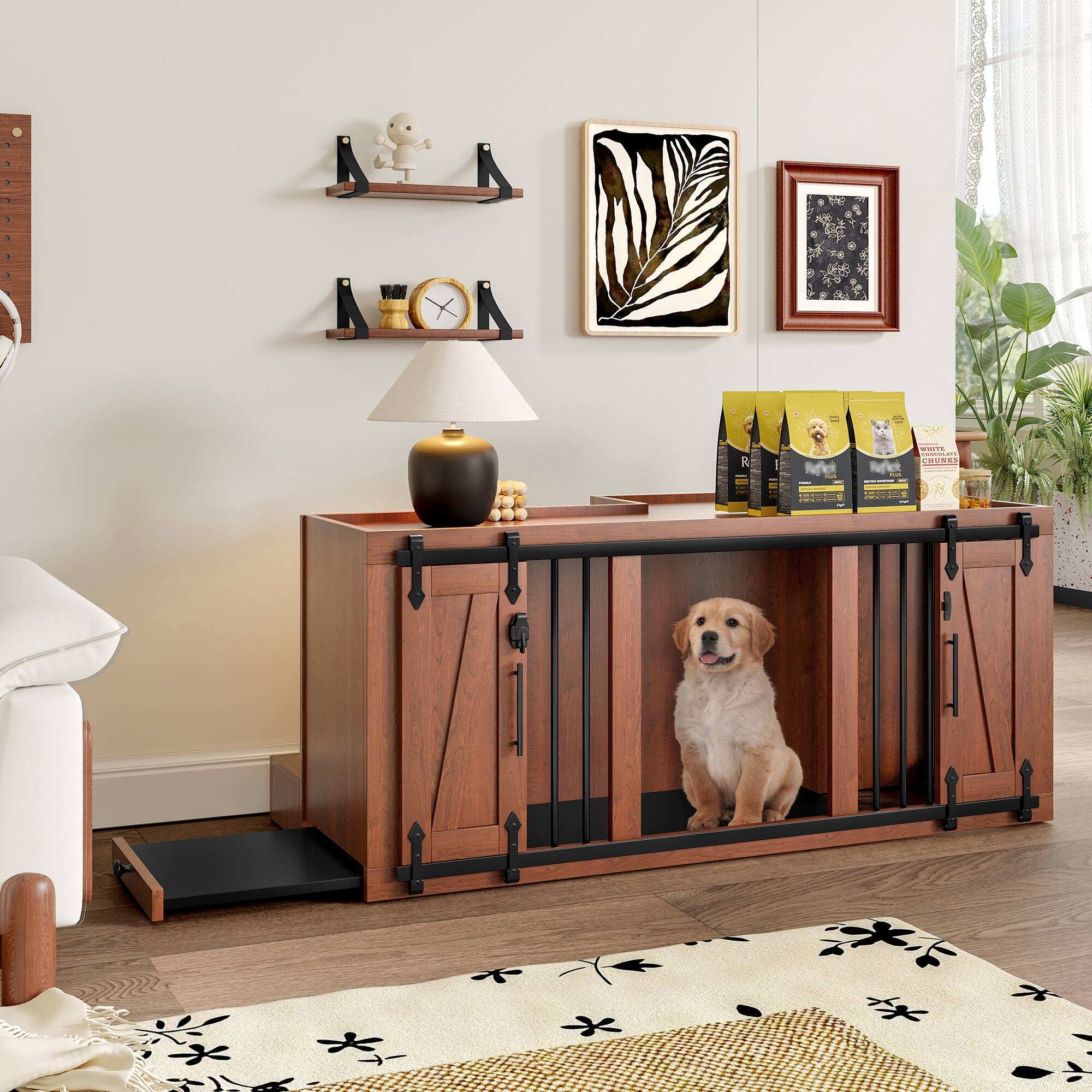56" Luxury Wooden Dog Crate & Ottoman: 2-in-1 Furniture Style Kennel with Padded Seat, Sliding Barn Door, and Removable Cushion