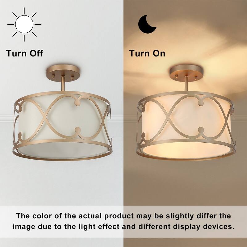 Mid-century Modern Gold Semi-Flush Mount Drum 3-light Crown Fabric Ceiling Light - D 13"x H 11"