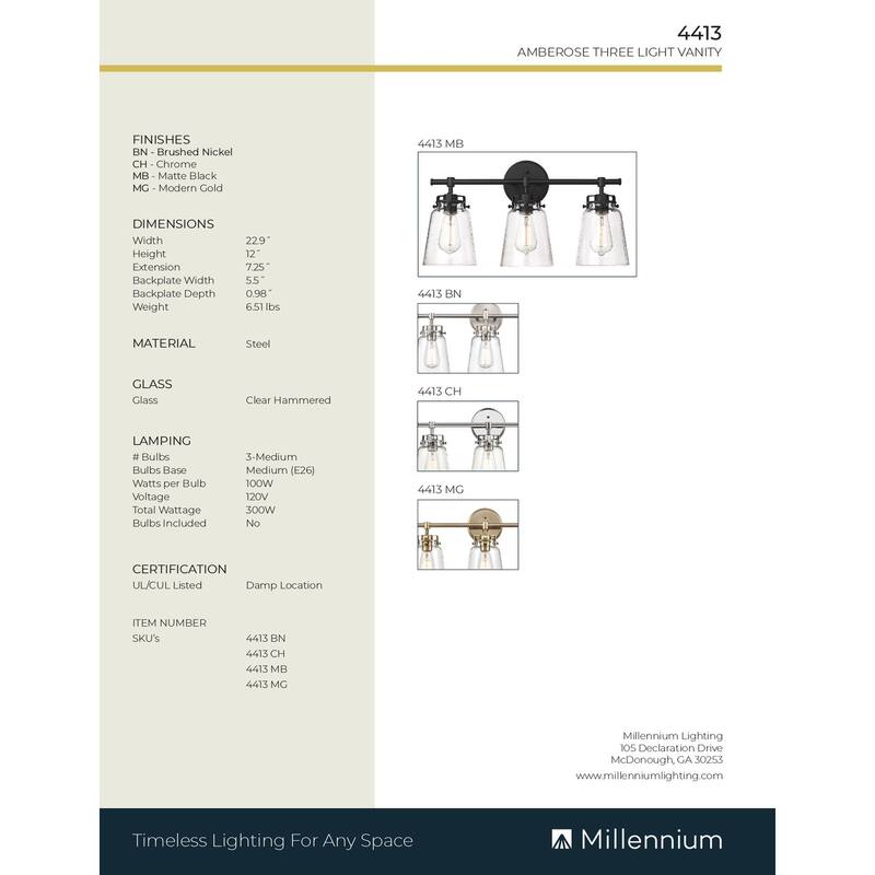 Millennium Lighting Amberose Vanity Light with Hammered Glass Shades