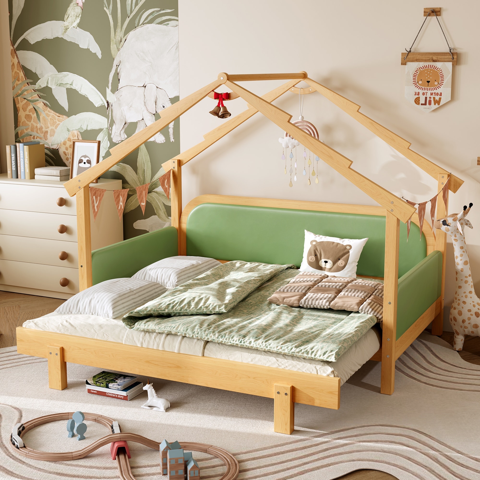 Children's Treehouse Bed Twin Size Solid Wood Kids Bed Frame Adjustable Platform Bed with Padded Safety Rails for Girls, Boys