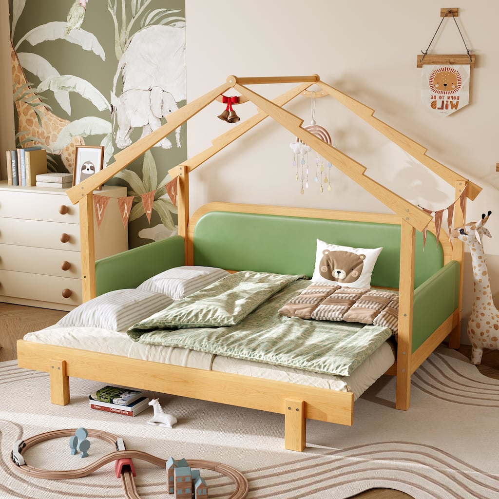 Twin Wood Treehouse Bed with Soft Cushion Rails for Kids & Teens