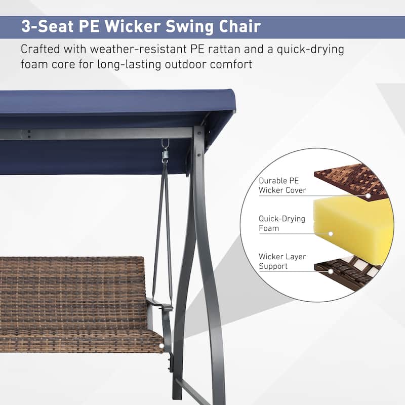 Aoodor 3-Seat Outdoor Rattan Patio Swing with Adjustable Canopy - Stylish Comfort for Your Porch, Garden, and Yard