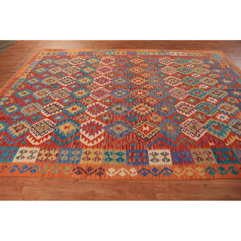 Geometric Trellis Kilim Oriental Area Rug Flatweave Orange Wool Carpet - 8'6"x 11'5"