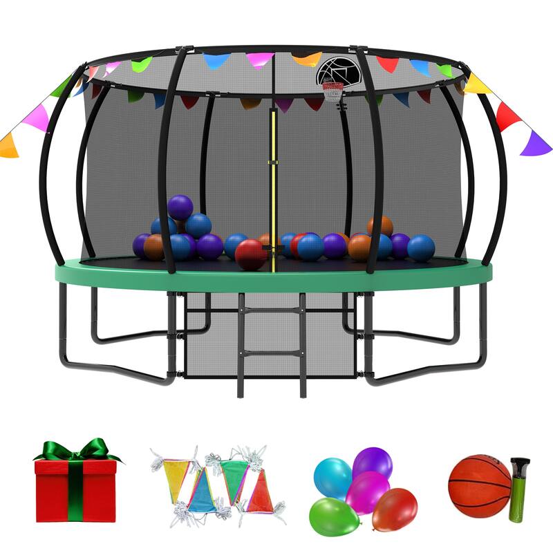12FT Recreational Kids Trampoline with Safety Enclosure Net & Ladder, and flag parts, Outdoor Recreational Trampolines
