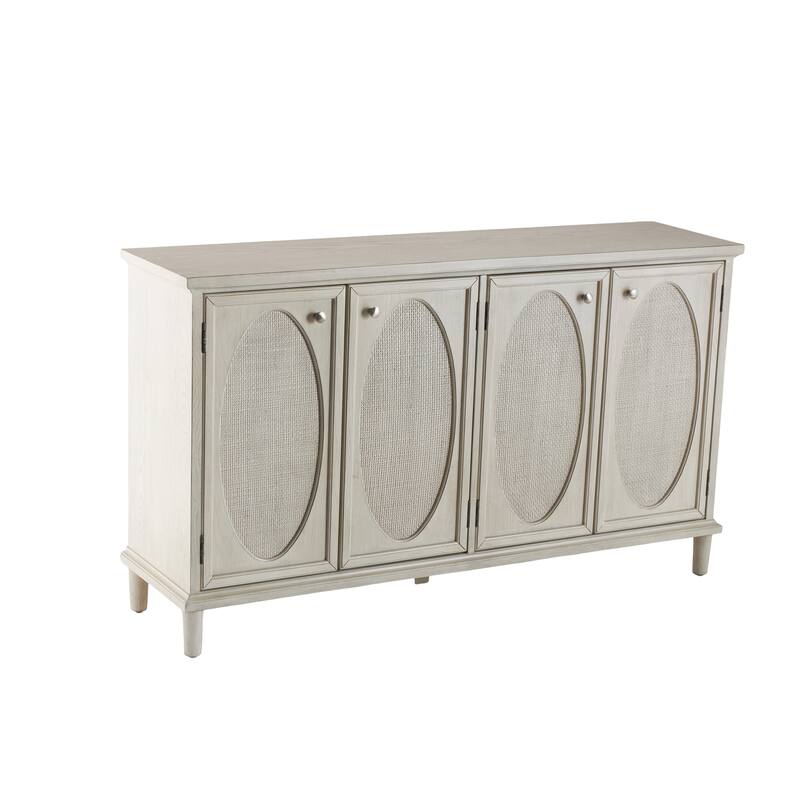 Wooden Geometric Washed Oval Rattan Front 4 Door Sideboard with Round Silver Knobs - Light Gray - Roche River Decor