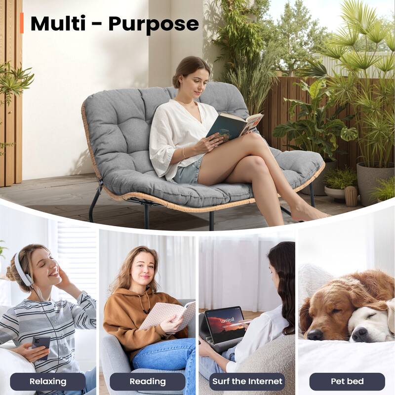 Double Papasan PE Rattan Chair Loveseat with Cushion For Indoor Outdoor