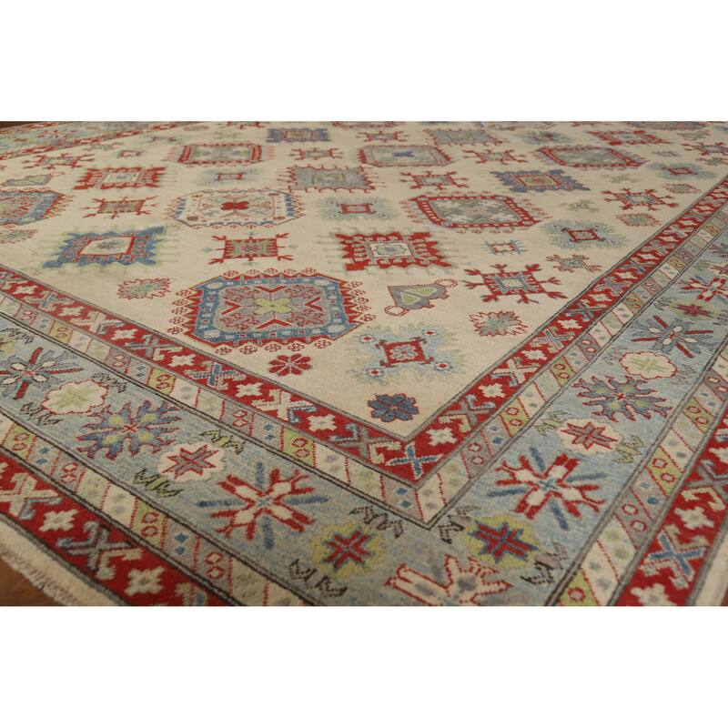 Hand Knotted Oriental 100% Wool Carpet Traditional Geometric Beige & Ivories Kazak Area Rug - 11' 11'' X 8' 10''