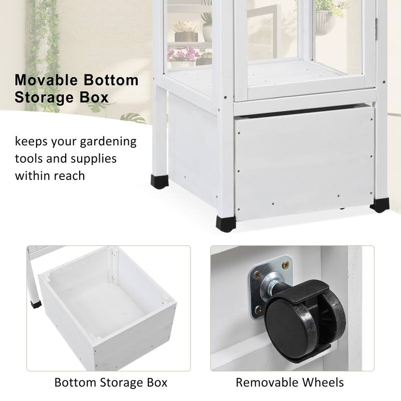 Roomfitters 62.4" Wood Garden Greenhouse with Movable Storage Box and Adjustable Shelves
