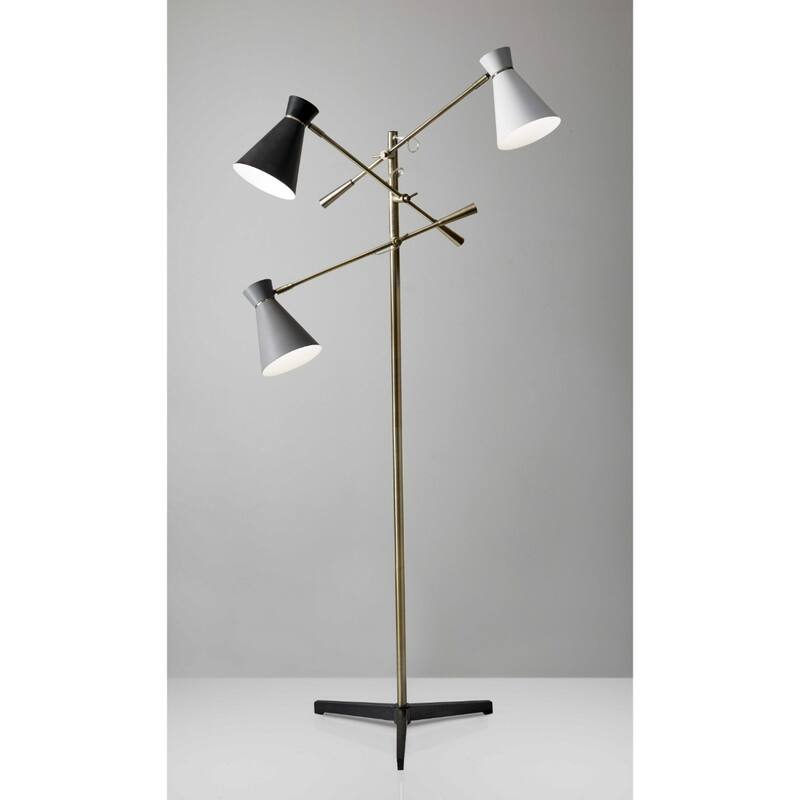 Brass Metal Floor Lamp with Black and White Iron Cone Shade Rotary Switch - 33” x 33” x 71” (D x W x H)