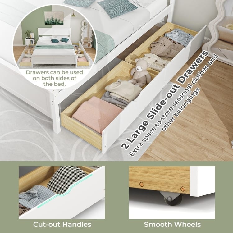 Full Size Platform Bed with 2 Storage Drawers Coastal Modern Wooden Slatted Frame
